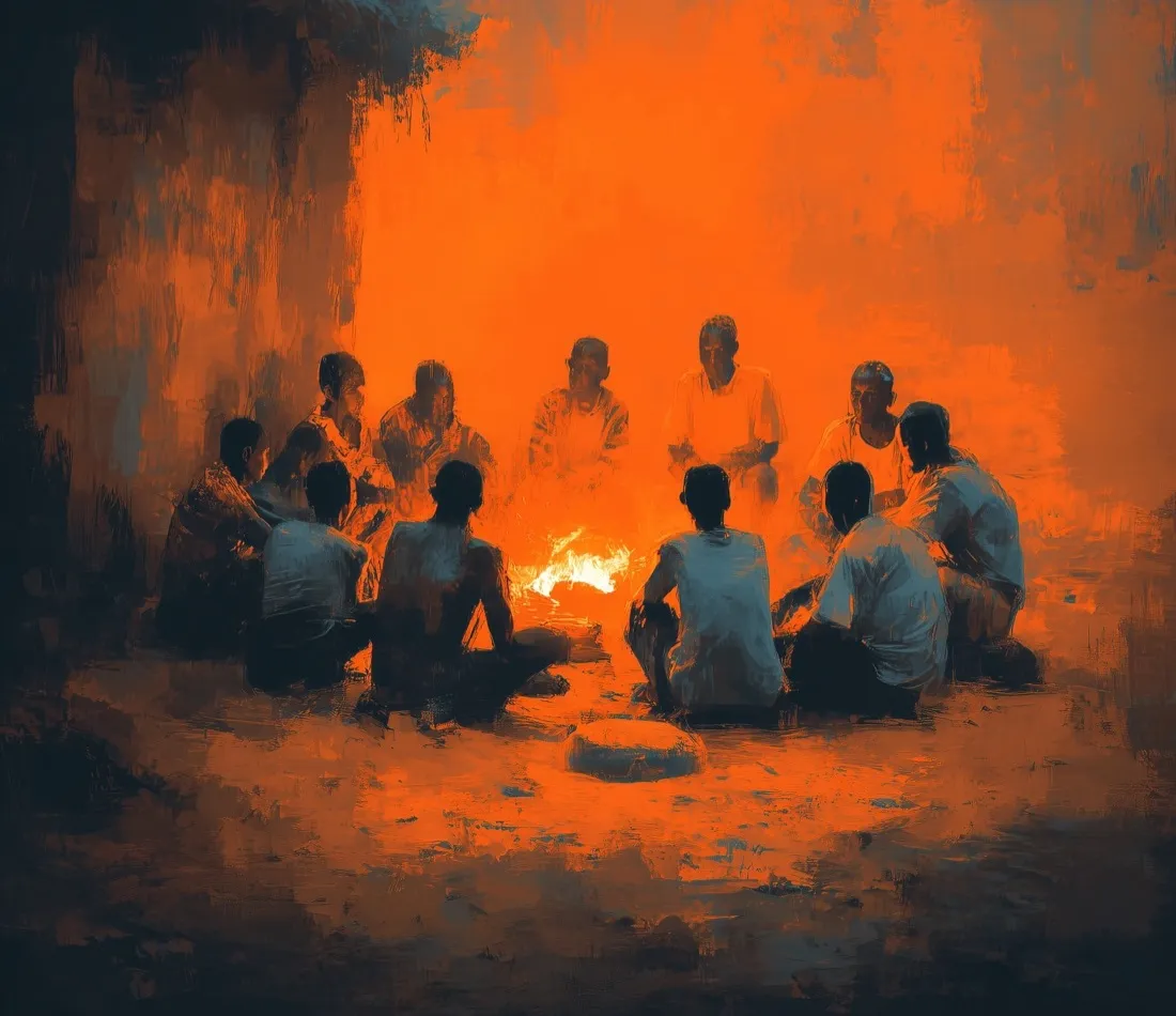 Painterly bonfire gathering at night