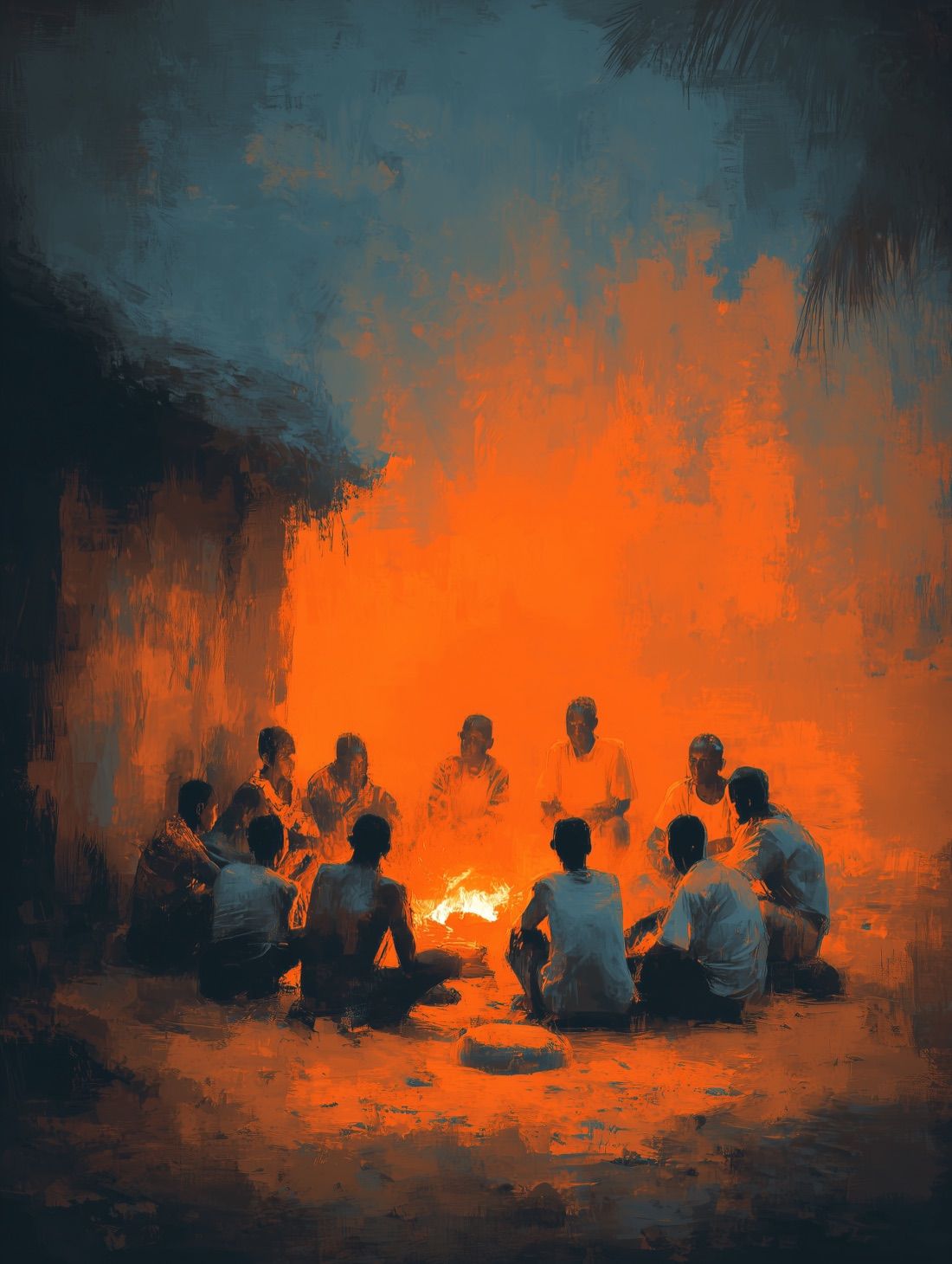 Painterly bonfire gathering at night