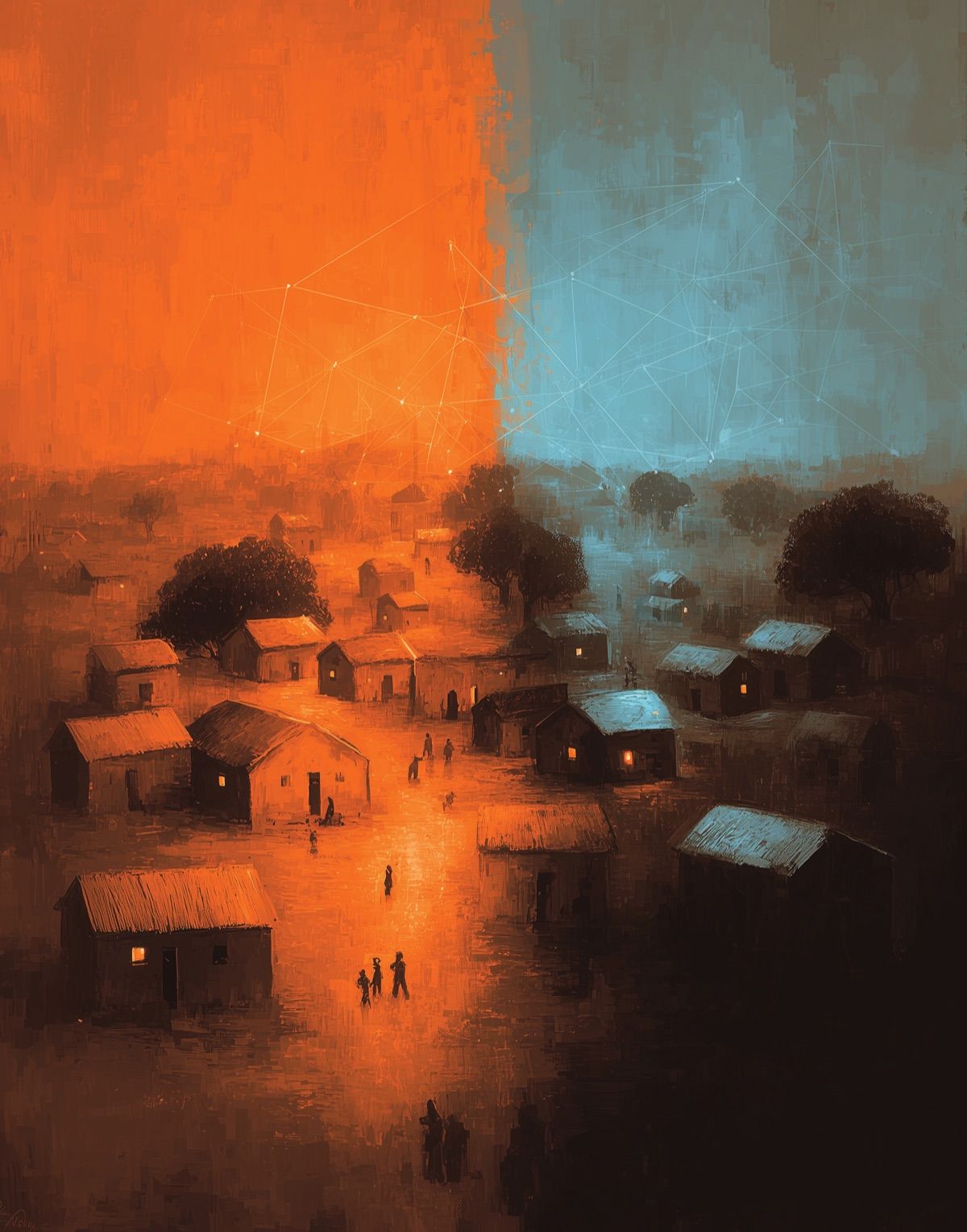 Digital artwork depicting an orange and blue divided landscape with houses and figures, symbolizing conflict and division bridged by network lines
