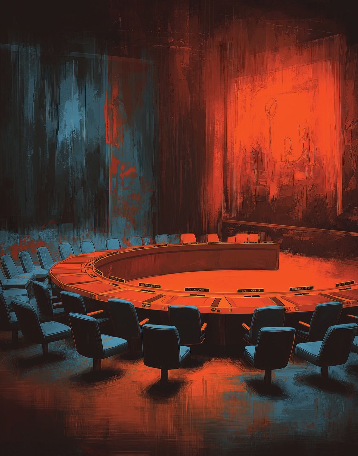 Painterly view of an empty United Nations Security Council chamber, its round table lit in red and blue