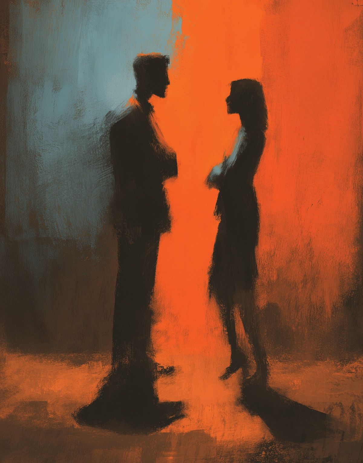 A painterly scene of two silhouetted figures facing each other in conversation against a blue and orange background