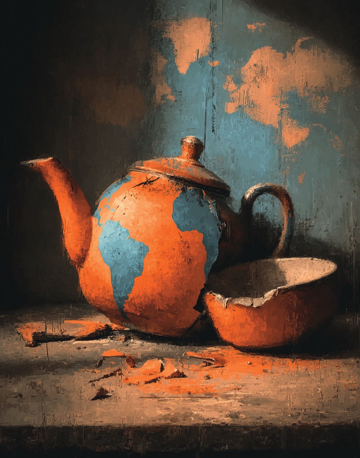 A painterly still life of a cracked ceramic teapot shaped like a world globe, broken pieces scattered on the table beside it
