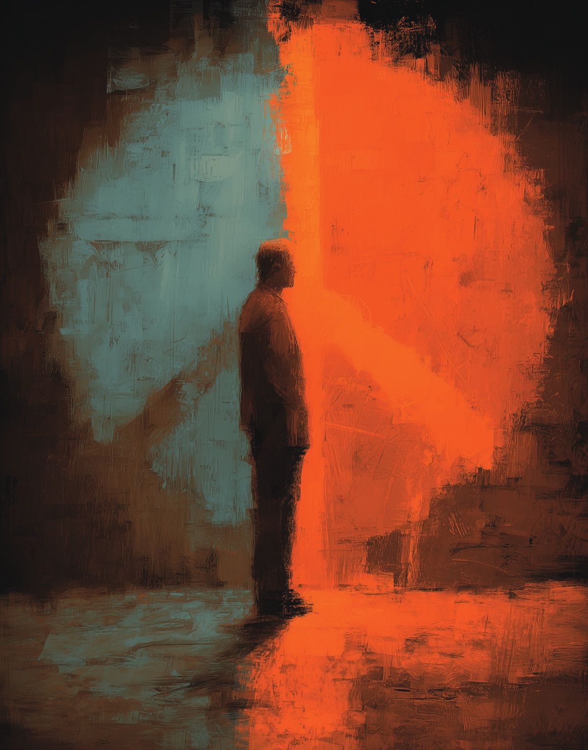A painterly figure of a man standing at the threshold between a cool blue half and a warm orange half of a divided backdrop