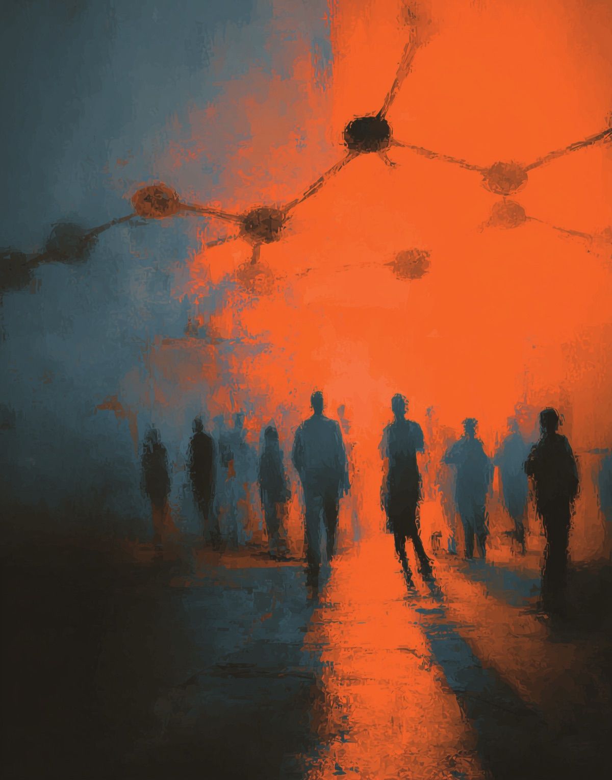 A painterly scene of silhouetted figures walking toward the viewer beneath a molecular network pattern against a glowing orange and blue sky